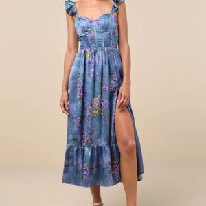 Sweet Like Sangria Blue Floral Ruffled Bustier Midi Dress